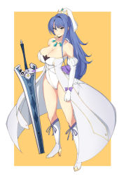 Rule 34 | 1girl, alternate costume, bare shoulders, blue hair, boots, breasts, cleavage, closed mouth, commentary, crown, dress, eiyuu densetsu, elbow gloves, falcom, full body, gloves, greatsword, hair between eyes, head scarf, high heel boots, high heels, jewelry, knee boots, large breasts, large pasta, laura s. arseid, leotard, long hair, looking at viewer, necklace, off-shoulder dress, off shoulder, orange background, pendant, ponytail, sen no kiseki, simple background, solo, standing, sword, thighs, waistcoat, weapon, white background, white footwear, white gloves, white leotard, yellow eyes