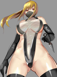 Rule 34 | 1girl, black gloves, blonde hair, breasts, earrings, elbow gloves, fishnets, from below, gloves, gluteal fold, highres, hizagawa rau, jewelry, kunai, large breasts, long hair, mask, navel, ninja, original, ponytail, red eyes, revealing clothes, solo, standing, weapon