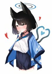 Rule 34 | 1girl, absurdres, animal ears, black eyes, black hair, black sailor collar, blue archive, blue halo, blue neckerchief, blush, cat ears, cat tail, closed mouth, cowboy shot, cropped legs, halo, haori, heart, highres, japanese clothes, kikyou (blue archive), neckerchief, poko050498, sailor collar, school uniform, serafuku, short hair, simple background, solo, tail, two side up, white background