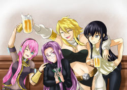 Rule 34 | 4girls, akame ga kill!, alcohol, asakawa yuu, beer, belt, black hair, blonde hair, book, breasts, closed eyes, crossover, cup, detached sleeves, drink, fate/stay night, fate (series), female focus, glasses, green eyes, highres, holding, holding cup, holding mug, indoors, large breasts, leone (akame ga kill!), matching hair/eyes, medusa (fate), medusa (rider) (fate), megurine luka, midriff, mug, multiple girls, navel, one eye closed, osakabe itoko, panties, pink hair, purple eyes, purple hair, scarf, school days, shirt, short hair, strapless, sweater, underwear, vocaloid, voice actor connection