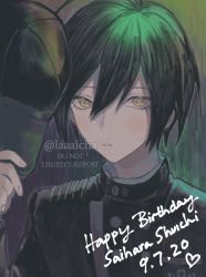 Rule 34 | 1boy, black hair, black jacket, blush, brown eyes, buttons, commentary, commentary request, danganronpa (series), danganronpa v3: killing harmony, dated, double-breasted, english commentary, green eyes, hair between eyes, happy birthday, heart, highres, holding, jacket, laaaicha, long sleeves, looking at viewer, male focus, mixed-language commentary, parted lips, saihara shuichi, simple background, solo, sweatdrop, twitter username, upper body, watermark