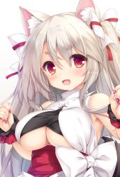 Rule 34 | 1girl, :d, animal ear fluff, animal ears, azur lane, bare shoulders, blush, bow, breasts, cat ears, cat girl, clothing cutout, dog ears, dog girl, fang, fingernails, hair between eyes, hair bow, hands up, highres, japanese clothes, large breasts, long fingernails, long hair, looking at viewer, mikagami mamizu, nail polish, obi, open mouth, purple nails, sash, scrunchie, silver hair, simple background, slit pupils, smile, solo, thick eyebrows, two side up, underboob, underboob cutout, upper body, very long hair, white background, white bow, wrist scrunchie, yuudachi (azur lane), yuudachi (carnivore carnival!) (azur lane)