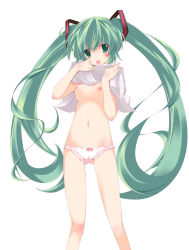 Rule 34 | 1girl, breasts, cameltoe, covered erect nipples, green eyes, green hair, hatsune miku, highres, long hair, lowleg, matching hair/eyes, nipples, open mouth, panties, plus9, solo, twintails, underwear, vocaloid