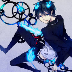Rule 34 | 1boy, ao no exorcist, bad id, bad pixiv id, clockwork, fang, fire, flame-tipped tail, flaming sword, flaming weapon, formal, gears, highres, male focus, necktie, okumura rin, pointy ears, solo, striped necktie, striped neckwear, suit, sword, tail, washi (micino), weapon