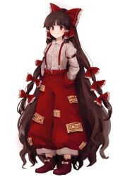 Rule 34 | 1girl, baggy pants, blush, bow, brown hair, brown shirt, closed mouth, collared shirt, cosplay, fujiwara no mokou, fujiwara no mokou (cosplay), full body, hair bow, hair tubes, hakurei reimu, hands in pockets, highres, himuhino, long hair, long sleeves, pants, red bow, red eyes, red footwear, red pants, shirt, shoes, sidelocks, simple background, sleeve garter, smile, solo, suspenders, touhou, white background