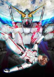 Rule 34 | 1boy, absurdres, banagher links, brown eyes, brown hair, clenched hand, floating, glowing, glowing eyes, green eyes, gundam, gundam unicorn, highres, knee pads, lens flare, light particles, male focus, mecha, niza, parted lips, planet, reaching, reaching towards viewer, robot, rust, solo, sword, turtleneck, v-fin, weapon, weapon on back