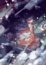 Rule 34 | 1girl, black hair, blood, detached sleeves, gohei, hair over one eye, hair ribbon, hair tubes, hakurei reimu, highres, injury, long hair, looking at viewer, looking up, neckerchief, nontraditional miko, red eyes, ribbon, ruins, scratches, skirt, snow, solo, torn clothes, touhou, yin yang orb, zhanji baitailang