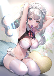 Rule 34 | 1girl, absurdres, armpits, arms behind head, arms up, between breasts, bikini, blush, bra, breasts, cleavage, closed mouth, crop top, flower, frilled hairband, frilled panties, frills, full body, grey eyes, grey hair, hairband, heart, heart-shaped pillow, highres, hitowa, large breasts, long hair, looking at viewer, maid, maid bikini, mole, mole under eye, mouth hold, navel, neck ribbon, original, panties, pillow, pink flower, pink ribbon, pink rose, purple ribbon, ribbon, ribbon in mouth, rose, smile, solo, stomach, swimsuit, thighhighs, thighs, unconventional maid, underwear, white bikini, white bra, white thighhighs