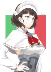 Rule 34 | 10s, bad id, bad twitter id, breasts, brown eyes, brown hair, capelet, detached sleeves, eyewear strap, glasses, hand on own hip, hat, headdress, highres, italian flag, kantai collection, large breasts, morinaga miki, pince-nez, roma (kancolle), shirt, short hair, sleeveless, sleeveless shirt, solo