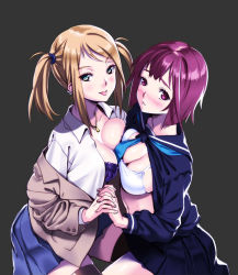 Rule 34 | 2girls, :p, asymmetrical docking, blonde hair, blue eyes, blush, bra, breast press, breasts, cleavage, ear piercing, fujimon, highres, interlocked fingers, jewelry, lace, large breasts, looking at viewer, multiple girls, necklace, necktie, official art, open clothes, open shirt, original, piercing, pleated skirt, purple eyes, purple hair, school uniform, serafuku, shirt, short hair, skirt, tongue, tongue out, twintails, underwear