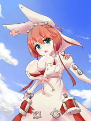 Rule 34 | 1girl, ahoge, arc system works, blue eyes, blush, breasts, bridal veil, bursting breasts, clover, dress, elphelt valentine, female focus, four-leaf clover, gatcha!!, gloves, guilty gear, guilty gear xrd, large breasts, looking at viewer, looking down, open mouth, pink hair, ribbon, short hair, solo, spikes, triangle mouth, veil, wedding dress