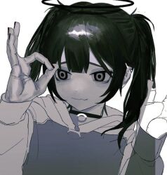 Rule 34 | 1girl, atkm2, black hair, choker, closed mouth, greyscale, halo, hands up, hood, hood down, hoodie, monochrome, original, simple background, solo, twintails, white background