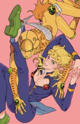 Rule 34 | 1boy, absurdres, blonde hair, blue eyes, blue jacket, blue pants, braid, bug, giorno giovanna, gold experience, highres, honlo, insect, interlocked fingers, jacket, jojo no kimyou na bouken, ladybug, leg up, long hair, long sleeves, looking at viewer, male focus, own hands together, pants, pectorals, pink background, smile, stand (jojo), vento aureo