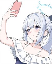 Rule 34 | 1girl, bare shoulders, blue archive, blue halo, cellphone, collarbone, commentary request, flat chest, frilled one-piece swimsuit, frills, gale kawaii, grey hair, halo, holding, holding phone, miyako (blue archive), miyako (swimsuit) (blue archive), one-piece swimsuit, phone, ponytail, purple eyes, sidelocks, sketch, smartphone, smartphone case, solo, swimsuit, upper body