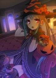 Rule 34 | 1girl, bad id, bad pixiv id, black thighhighs, blue hair, blush, bow, brand name imitation, bucket, candle, candy, couch, cup, cupcake, doritos, fang, food, gloves, halloween, hat, jack-o&#039;-lantern, kiya machi, long hair, m&amp;m&#039;s, night, night sky, open mouth, original, pringles, pumpkin, red eyes, sitting, sky, snack, solo, star (symbol), sweets, tea, teacup, thighhighs, window, witch hat