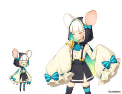 Rule 34 | 1girl, aki no jikan, animal ears, arms at sides, black skirt, blue bow, blunt bangs, blush stickers, bow, cheese, closed eyes, facial mark, fang, food, hood, maru-kichi, mouse ears, multiple views, official art, skirt, sleeves past wrists, smile, standing, striped clothes, striped thighhighs, suspender skirt, suspenders, thighhighs, whisker markings, white hair, zettai ryouiki