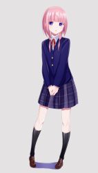 Rule 34 | 1girl, absurdres, blazer, blue eyes, checkered clothes, checkered skirt, hands together, highres, jacket, kaf (kamitsubaki studio), kamitsubaki studio, kneehighs, loafers, long hair, low twintails, multicolored eyes, pink hair, pleated skirt, red eyes, ribbon, school uniform, shirt, shoes, simple background, skirt, socks, tirudo29, twintails, virtual youtuber, white shirt, yellow eyes