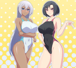 Rule 34 | 2girls, black hair, black one-piece swimsuit, blue eyes, breasts, commentary request, competition swimsuit, covered navel, dark-skinned female, dark skin, grey hair, groin, highleg, highleg swimsuit, large breasts, lips, long hair, madoka (user zrnk8278), multiple girls, one-piece swimsuit, original, purple eyes, short hair, standing, swimsuit, two-tone swimsuit, white one-piece swimsuit