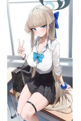 Rule 34 | 1girl, absurdres, bag, berserker r, black skirt, blonde hair, blue archive, blue bow, blue bowtie, blue hair, blue nails, blush, bow, bowtie, braid, breasts, button gap, desk, earpiece, hair bow, highres, indoors, large breasts, light brown hair, long hair, looking at viewer, loose bowtie, multicolored hair, nail polish, official alternate costume, official alternate hairstyle, on desk, pillarboxed, pleated skirt, school bag, school desk, school uniform, scrunchie, shirt, sitting, on desk, skirt, solo, streaked hair, thighs, toki (blue archive), v, very long hair, white shirt, wrist scrunchie