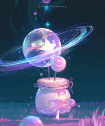 Rule 34 | 1girl, artist name, blue hair, candy, commentary request, dress, floating, floating object, food, grass, heart, highres, horizon, huhv., jar, lollipop, long hair, night, night sky, original, oversized food, oversized object, planet, planetary ring, purple theme, scenery, sky, solo, space, sparkle, standing, star (sky), star (symbol), starry sky, surreal, sweets, wide shot