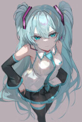 Rule 34 | 1girl, absurdres, aqua eyes, aqua hair, aqua necktie, between breasts, breasts, collared shirt, commentary request, contrapposto, detached sleeves, feet out of frame, foreshortening, from above, grey background, hands on own hips, hatsune miku, highres, kawasuru (15miclon), long hair, looking at viewer, looking up, medium breasts, necktie, necktie between breasts, no nose, shirt, simple background, skirt, smile, solo, standing, thighhighs, tie clip, tsurime, twintails, v-shaped eyebrows, very long hair, vocaloid, white shirt