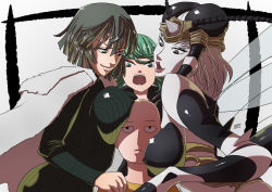 Rule 34 | 1boy, 3girls, angry, artist request, bald, black hair, breast press, breasts, covered erect nipples, fubuki (one-punch man), green hair, large breasts, mosquito girl, mosquito musume, multiple girls, one-punch man, saitama (one-punch man), short hair, smile, tatsumaki