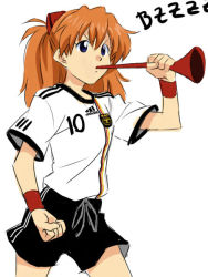 Rule 34 | 1girl, 2010 fifa world cup, 4chan, adidas, clenched hand, clenched hands, clothes writing, drawfag, germany, horn (instrument), jersey, neon genesis evangelion, shirt, shorts, simple background, soccer, solo, souryuu asuka langley, t-shirt, vuvuzela, white background, world cup