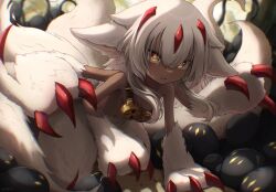 1girl absurdres animal_ears body_fur claws dark-skinned_female dark_skin extra_arms extra_tails faputa goggles hair_between_eyes highres horns made_in_abyss monster_girl multiple_horns multiple_tails narehate navel open_mouth red_claws sharp_teeth solo suoniko tail teeth white_fur white_hair yellow_eyes