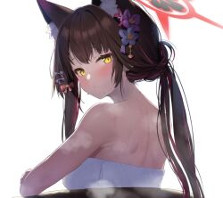 Rule 34 | 1girl, animal ear fluff, animal ears, bad id, bad twitter id, bare arms, bare shoulders, blue archive, blush, bow, breasts, brown hair, flower, fox ears, goyain, hair bow, hair flower, hair ornament, halo, long hair, looking at viewer, looking back, medium breasts, multicolored hair, naked towel, parted lips, ponytail, solo, steam, streaked hair, towel, transparent background, upper body, wakamo (blue archive), wet, yellow eyes