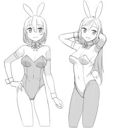 Rule 34 | 2girls, :d, animal ears, arms behind head, arms up, blush, bow, bowtie, breasts, cleavage, closed mouth, covered navel, cropped legs, detached collar, detached sleeves, greyscale, hair between eyes, hand on own hip, leotard, long hair, long sleeves, medium breasts, monochrome, multiple girls, open mouth, original, pantyhose, playboy bunny, rabbit ears, rabbit girl, rabbit tail, saiste, simple background, smile, standing, strapless, strapless leotard, tail, very long hair, white background, wing collar