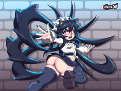 Rule 34 | 1girl, absurdres, ass, black eyeshadow, black hair, black nails, black necktie, black thighhighs, blush, brown footwear, chivox00, clothes lift, eyebrows, eyelashes, eyeshadow, female focus, filia (skullgirls), fingernails, foot out of frame, foot up, from behind, highres, huge ass, jumping, living hair, long fingernails, long hair, long sleeves, looking at viewer, looking back, makeup, miniskirt, nail polish, navel, necktie, open mouth, outstretched arms, panties, red eyes, samson (skullgirls), sharp fingernails, shirt, shoes, skirt, skirt lift, skullgirls, solo, teeth, thick thighs, thighhighs, thighs, tongue, underwear, upper teeth only, white panties, white shirt