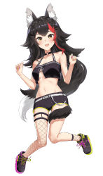 Rule 34 | 1girl, absurdres, animal ear fluff, animal ears, asymmetrical legwear, black hair, breasts, cosplay, crop top, fishnets, full body, highres, hololive, kimpanzi, long hair, looking at viewer, medium breasts, midriff, multicolored hair, ookami mio, open mouth, shoes, short shorts, shorts, smile, sneakers, streaked hair, tail, tokoyami towa, tokoyami towa (1st costume), tokoyami towa (cosplay), underboob, very long hair, virtual youtuber, wolf ears, wolf girl, wolf tail, yellow eyes