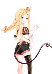 Rule 34 | 1girl, ;d, abigail williams (fate), absurdres, bandaged arm, bandages, bare arms, bare shoulders, black bow, black shorts, blonde hair, blue eyes, bow, braid, breasts, claw pose, commentary request, fate/grand order, fate (series), hair bow, highres, jack-o&#039;-lantern, long hair, looking at viewer, looking back, low twintails, on head, one eye closed, open mouth, orange bow, parted bangs, short shorts, shorts, simple background, single thighhigh, small breasts, smile, solo, striped clothes, striped thighhighs, tail, thighhighs, twin braids, twintails, vertical-striped clothes, vertical-striped thighhighs, very long hair, white background, yukaa