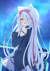 Rule 34 | 1girl, animal ears, blush, cat ears, cat girl, cat tail, detached sleeves, dress, hair ribbon, highres, long hair, looking at viewer, looking back, night, open mouth, original, outdoors, ribbon, sky, solo, star (sky), starry sky, tail, tyakomes, white hair, yellow eyes