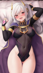 Rule 34 | 1girl, :d, absurdres, arm up, aura (aurapls), black leotard, blush, breasts, breasts apart, cape, cleavage, covered navel, fang, fire emblem, fire emblem awakening, fire emblem heroes, gluteal fold, grima (fire emblem), hair ornament, hand up, highleg, highleg leotard, highres, leotard, long hair, long sleeves, looking at viewer, lying, medium breasts, nintendo, nose blush, official alternate costume, on back, on bed, open mouth, pillow, red eyes, robin (female) (fire emblem), robin (fire emblem), see-through, see-through cleavage, smile, solo, thigh gap, thighs, twintails, white hair