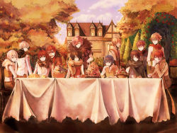 Rule 34 | 6+boys, :d, animal, animal around neck, apple, arch, arch bishop (ragnarok online), back, banana, banquette, basket, bishounen, black hair, blonde hair, blue eyes, blue hair, blue shirt, blue sky, blush, bread, brown gloves, brown hair, brown shirt, brown shorts, brown vest, building, cake, cake slice, chair, closed mouth, clown (ragnarok online), coat, commentary request, crop top, cup, falling leaves, fingerless gloves, floral arch, flower, food, fox, fruit, full body, fur-trimmed gloves, fur-trimmed shirt, fur collar, fur trim, glasses, gloves, grapes, green eyes, green shirt, hair between eyes, hair over one eye, japanese clothes, leaf, looking at another, looking back, looking to the side, male focus, midriff, multiple boys, ninja (ragnarok online), norapeko, open mouth, orange theme, pink hair, professor (ragnarok online), ragfes, ragnarok online, ranger (ragnarok online), red coat, red eyes, red flower, red hair, red scarf, red shirt, rose, scarf, shadow chaser (ragnarok online), shirt, short hair, shorts, sitting, sky, sleeveless, sleeveless shirt, smile, sniper (ragnarok online), sparkle, standing, table, tea, teacup, tree, two-tone gloves, two-tone shirt, vest, warlock (ragnarok online), wavy hair, white coat, white hair, white shirt, yaoi, yellow gloves, yellow shirt