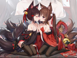 Rule 34 | 2girls, akagi-chan (azur lane), amagi-chan (azur lane), animal ear fluff, animal ears, azur lane, bare shoulders, bell, black hair, black kimono, black pantyhose, black thighhighs, blush, brown hair, chinese commentary, closed eyes, commentary request, fox ears, fox girl, fox tail, full body, hair bell, hair ornament, hair ribbon, hand on another&#039;s thigh, highres, holding hands, hong bai, japanese clothes, kimono, kitsune, kyuubi, long hair, long sleeves, looking at another, multiple girls, multiple tails, no shoes, pantyhose, purple eyes, red kimono, red ribbon, ribbon, rope, shimenawa, short eyebrows, short hair, tail, thick eyebrows, thighhighs, tongue, tongue out, twintails, very long hair, wide sleeves, yuri, zoom layer