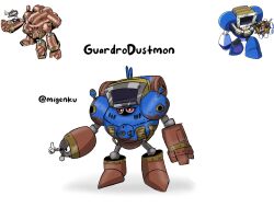 Rule 34 | digimon, dust man, fusion, guardromon, highres, looking at viewer, mega man (classic), mega man (series), missile, red eyes, robot, simple background, white background