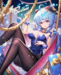 Rule 34 | 1girl, :d, ahoge, anzumame, bare shoulders, bell, blue hair, blush, bow, breasts, christmas, commentary, english commentary, ganyu (genshin impact), genshin impact, gift, goat horns, hair ornament, highres, horns, large breasts, leotard, long hair, looking at viewer, neck bell, open mouth, pantyhose, pink eyes, playboy bunny, purple eyes, revision, ribbon, sidelocks, smile, snowflake hair ornament, solo, strapless, strapless leotard, wrist cuffs