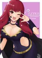 Rule 34 | 1girl, 2023, ;d, belt, black cape, blush, bodysuit, breasts, cape, character name, chest strap, choker, cleavage, clothing cutout, collarbone, copyright name, covered navel, cowboy shot, dated, eyelashes, facial mark, fire emblem, fire emblem engage, gold belt, hair ornament, hand up, heart, high collar, highres, large breasts, legs apart, long hair, looking at viewer, m/, nintendo, one eye closed, open mouth, orange eyes, pink hair, purple bodysuit, purple choker, ryuusaki rei, side cutout, signature, smile, solo, standing, star (symbol), star facial mark, star hair ornament, yunaka (fire emblem)
