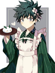 Rule 34 | 1boy, alternate costume, apron, blush, boku no hero academia, bow, coi mha, commentary, cowboy shot, enmaided, flower, food, freckles, green bow, green hair, grey background, hair flower, hair ornament, heart, highres, holding, holding tray, japanese clothes, kimono, long sleeves, looking at viewer, maid, maid apron, male focus, messy hair, midoriya izuku, polka dot, short hair, smile, snow rabbit, tray, twitter username, two-tone background, wa maid, white background, white flower, wide sleeves