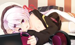 Rule 34 | 1girl, black hoodie, blush, breasts, cleavage, hair ornament, hair ribbon, hairclip, headphones, hood, hoodie, large breasts, long hair, looking at viewer, lying, nejime, nijisanji, nintendo switch, on side, open mouth, pillow, pink hair, ponytail, red eyes, red ribbon, ribbon, shiina yuika, shiina yuika (2nd costume), signature, smile, solo, thighhighs, thighs, virtual youtuber, white thighhighs