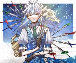 Rule 34 | 1girl, adapted costume, between fingers, black gloves, blue background, blue dress, bow, braid, commentary request, dress, floating, floating object, flower, gears, gloves, green bow, green necktie, grey hair, hair bow, holding, holding knife, izayoi sakuya, knife, long hair, looking at viewer, maid headdress, necktie, nubezon, pocket watch, print dress, shirt, short sleeves, solo, touhou, watch, white background, white shirt