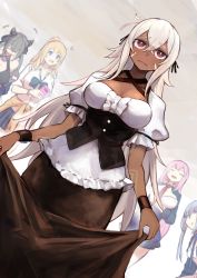Rule 34 | +++, 5girls, :d, :o, ahoge, alternate costume, astoria (azur lane), astoria (pure &quot;gurl?&quot;) (azur lane), astoria (pure &quot;gurl?&quot;) (azur lane), azur lane, bare shoulders, between breasts, black skirt, blonde hair, blue eyes, blue hair, blue jacket, blue neckwear, blue skirt, blush, bodice, body markings, bow, bowtie, bracelet, breasts, cardigan, cardigan around waist, cellphone, cleavage, closed eyes, closed mouth, clothes around waist, clothes lift, collarbone, collared shirt, commentary request, cowboy shot, crossed bangs, dark-skinned female, dark skin, double bun, dress, dutch angle, facepaint, facial mark, grey hair, hair between eyes, hair bun, hair ornament, hair scrunchie, halter dress, halterneck, heart, highres, holding, holding phone, jacket, jewelry, large breasts, laughing, lifting own clothes, long hair, long skirt, long sleeves, looking at another, loose bowtie, marshall k, medium breasts, minneapolis (azur lane), multiple girls, necktie, necktie between breasts, off shoulder, official alternate costume, open clothes, open jacket, open mouth, partial commentary, phone, pink hair, pleated skirt, ponytail, puffy short sleeves, puffy sleeves, quincy (azur lane), red eyes, red neckwear, san francisco (azur lane), scrunchie, shirt, short sleeves, sidelocks, simple background, skirt, skirt lift, sleeves rolled up, smartphone, smile, solo focus, standing, twintails, very long hair, vincennes (azur lane), white dress, white hair, white shirt, wristband, yellow cardigan