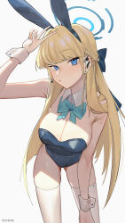 Rule 34 | 1girl, animal ears, arm up, blonde hair, blue archive, blue bow, blue bowtie, blue eyes, blue hairband, blue leotard, bow, bowtie, breasts, chilakkk, cleavage, closed mouth, detached collar, ear piercing, earpiece, fake animal ears, hairband, halo, highres, large breasts, leaning forward, leotard, long hair, looking at viewer, microphone, official alternate costume, official alternate hairstyle, piercing, playboy bunny, rabbit ears, solo, thighhighs, thighs, toki (blue archive), toki (bunny) (blue archive), v, very long hair, white thighhighs, wrist cuffs