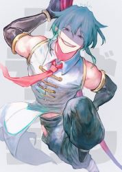 Rule 34 | 1boy, aqua eyes, aqua hair, bare shoulders, black gloves, chinese clothes, elbow gloves, gloves, grin, holding, holding staff, holding weapon, leg up, male focus, necktie, red necktie, shaded face, shen (undead unluck), signature, smile, solo, staff, teeth, undead unluck, waterstaring, weapon