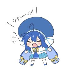 Rule 34 | 1girl, 7takada, ahoge, blue footwear, blue hair, blue hat, bow, bowtie, chibi, clenched hands, closed eyes, dress, facing viewer, fang, full body, hair bow, hat, kneehighs, long hair, long sleeves, otomachi una, outstretched arms, shoes, shouting, sidelocks, simple background, socks, solo, spread arms, twintails, vocaloid, white background, white socks, yellow bow, yellow bowtie