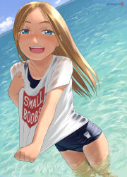 Rule 34 | 1girl, beach, blonde hair, blouse, blue eyes, blush, cloud, collarbone, flat chest, freckles, highres, long hair, looking at viewer, mu-pyon, ocean, old school swimsuit, original, outdoors, parted bangs, partially submerged, school swimsuit, see-through, see-through shirt, shirt, shirt tug, sky, smile, solo, swimsuit, tan, tanline, teeth, twitter username, upper teeth only, wading, water, wet, wet clothes, wet shirt, white shirt