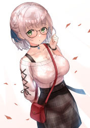 Rule 34 | 1girl, :o, absurdres, bag, black-framed eyewear, black choker, black skirt, blue ribbon, blush, braid, breasts, choker, cleavage, collarbone, commentary request, crown braid, glasses, green eyes, hair ribbon, hand up, highres, hololive, large breasts, looking at viewer, off-shoulder shirt, off shoulder, parted lips, petals, plaid, plaid skirt, puffy short sleeves, puffy sleeves, ribbon, segawa luna, shirogane noel, shirogane noel (casual), shirt, short sleeves, shoulder bag, silver hair, skirt, solo, sweater, virtual youtuber, white background, white shirt, white sweater