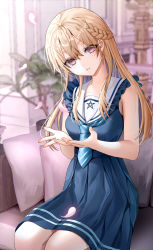 Rule 34 | 1girl, bare arms, berkut (girly air force), blonde hair, blue dress, blue necktie, blurry, blurry background, braid, brown eyes, collarbone, commentary, commission, couch, depth of field, diagonal-striped clothes, diagonal-striped necktie, dress, english commentary, frilled dress, frills, girly air force, hair between eyes, head tilt, highres, indoors, light brown hair, lloule, long hair, looking at viewer, necktie, on couch, parted lips, pentagram, petals, pillow, pixiv commission, plant, pleated dress, potted plant, sailor collar, sailor dress, short necktie, sitting, sleeveless, sleeveless dress, smile, solo, striped clothes, white sailor collar